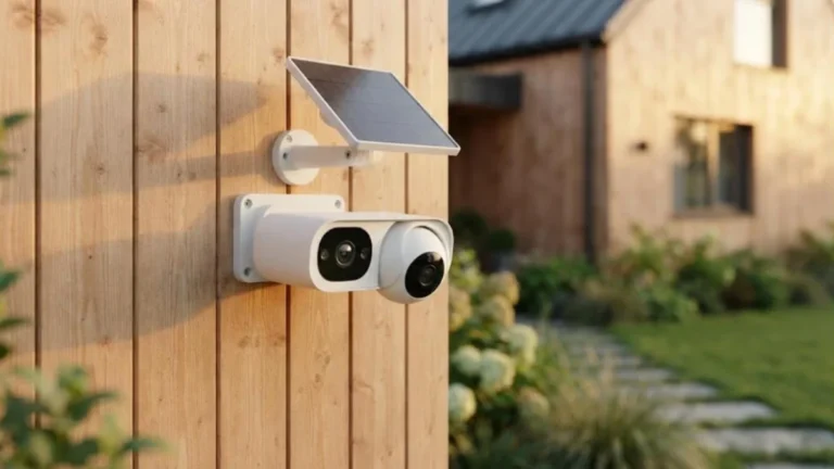 Dual-lens solar-powered outdoor security camera like the eufy SoloCam S340 mounted on a wooden Scandinavian house