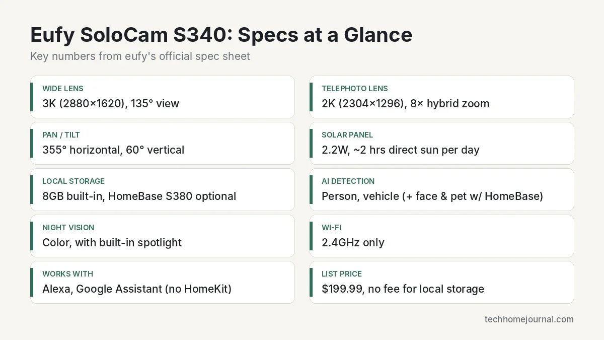 Eufy SoloCam S340 specs infographic: 3K wide lens, 2K telephoto with 8x hybrid zoom, 355 degree pan, 2.2W solar panel, 8GB storage