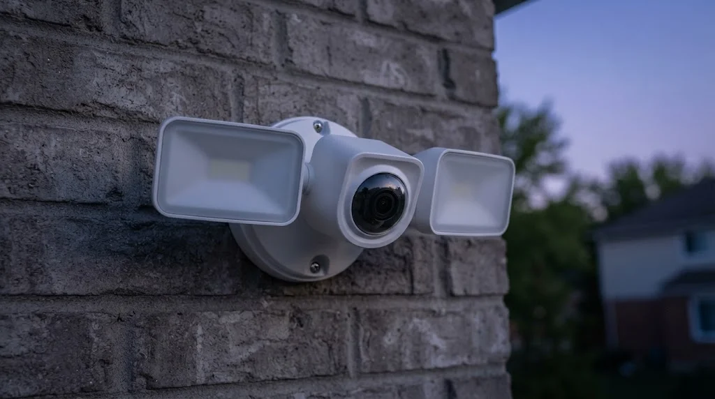 Close-up of a floodlight security camera with two LED light panels and a camera mounted on a house wall