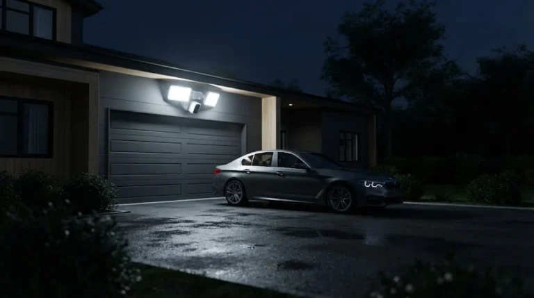 Floodlight security camera mounted above a garage lighting up a driveway and parked car at night