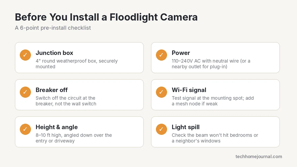 Six-point checklist to review before installing a Ring floodlight camera: junction box, power, breaker, Wi-Fi, height and light spill