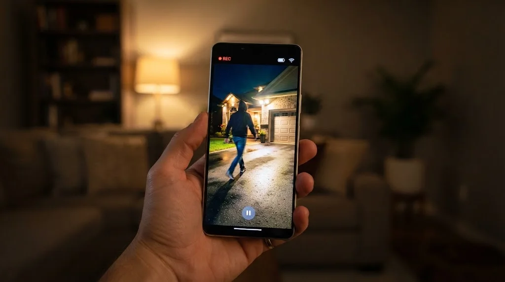 Smartphone showing a motion alert with a person in a driveway recorded by a floodlight camera at night
