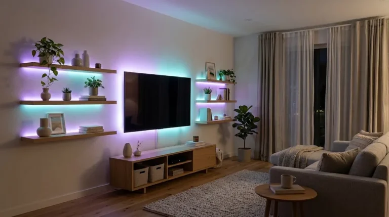Colourful Govee-style smart LED strip lights glowing purple and teal behind a wall-mounted TV and floating shelves in a Scandinavian living room at night