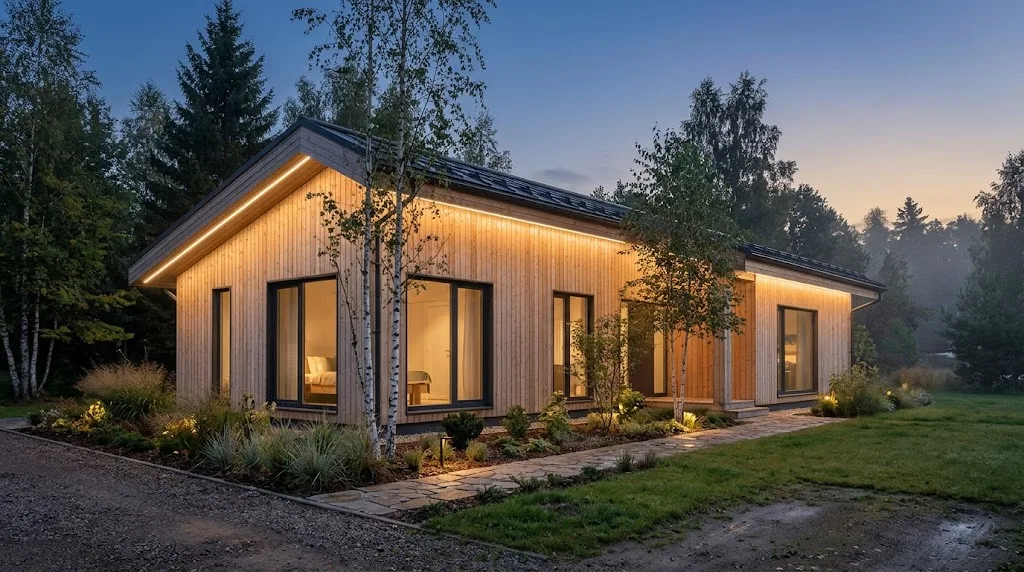 Warm white Govee-style permanent outdoor LED lights glowing under the roof eaves of a modern Scandinavian wooden house at dusk