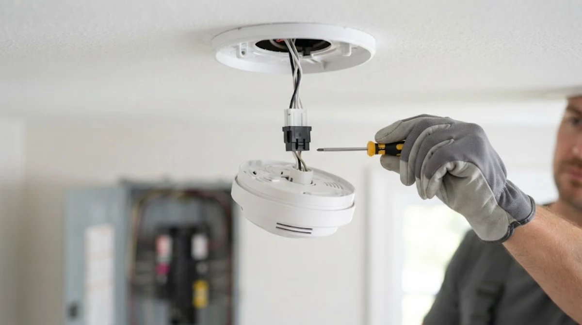 Hardwired smoke detector disconnected from its wiring harness for a reset