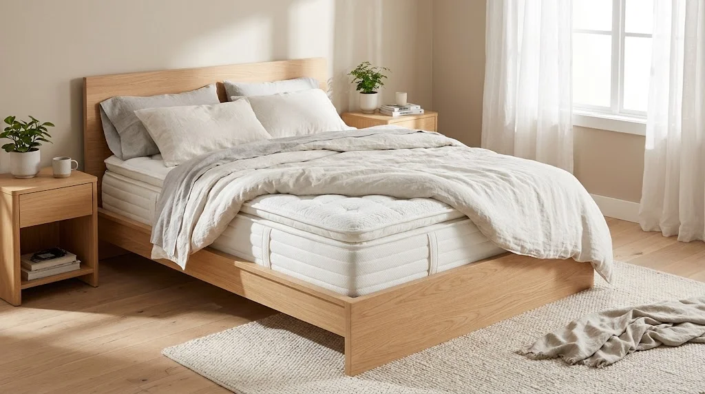Helix-style hybrid mattress with pillow top on a light oak bed in a Scandinavian bedroom