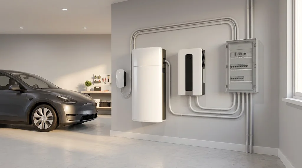 Wall-mounted home battery and solar inverter installed in a modern garage next to an electric car