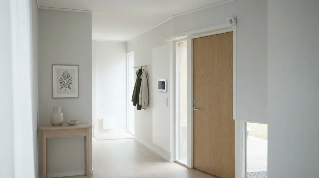 Wireless home security motion detector mounted high in the corner of an entry hallway near the front door