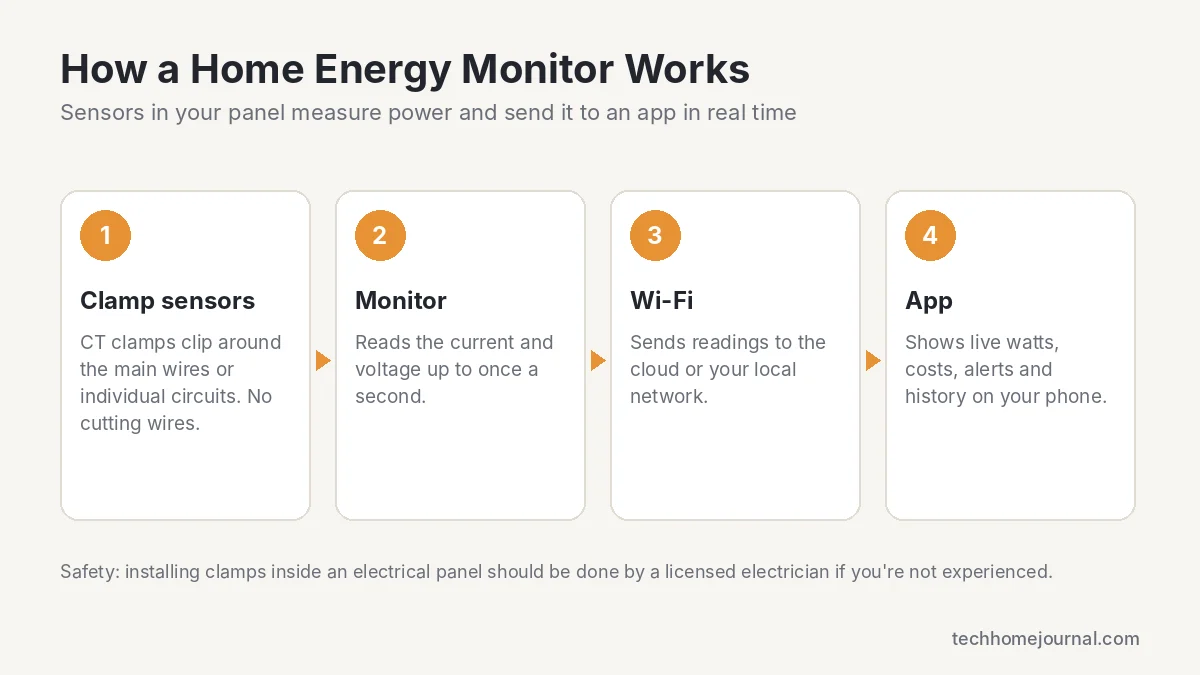 Diagram showing how a home energy monitor works: clamp sensors in the electrical panel, monitor, Wi-Fi and phone app