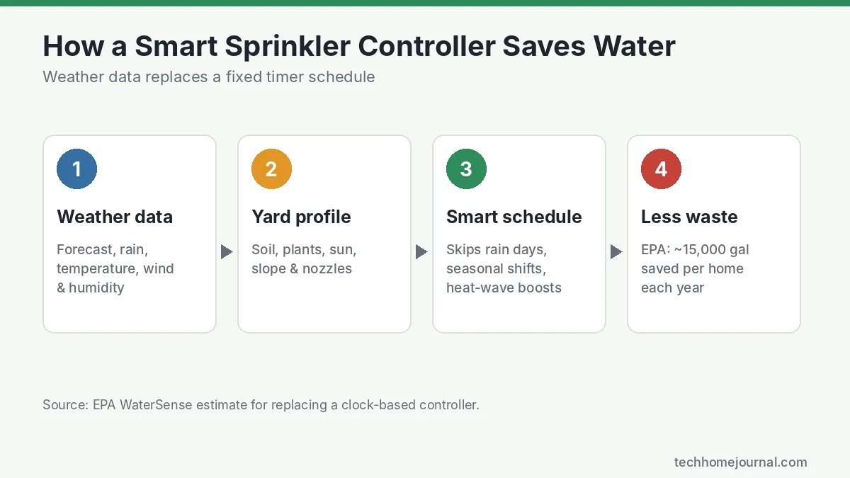 Diagram of how a smart sprinkler controller saves water using weather data, yard profile and an automatic schedule