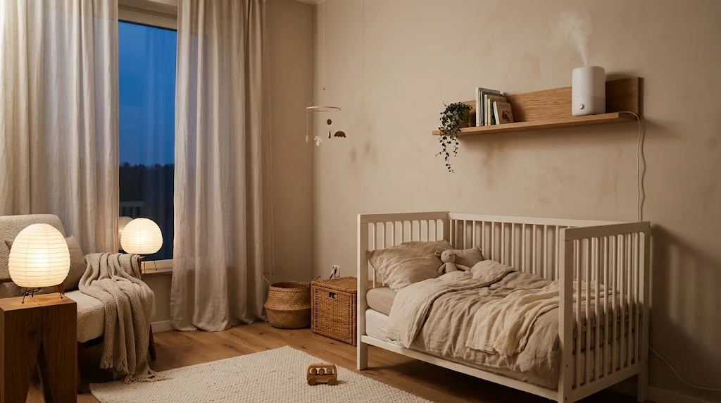 Small white cool mist humidifier on a high wooden shelf above a white crib in a Scandinavian nursery