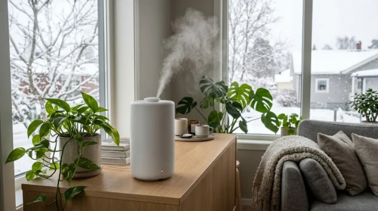 White cool mist humidifier releasing mist on an oak sideboard in a Scandinavian living room with a snowy window