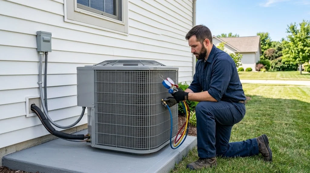 HVAC technician connecting refrigerant gauges to an outdoor central air conditioner