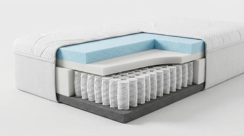 Cutaway of a hybrid mattress showing gel memory foam, responsive foam and pocketed coils