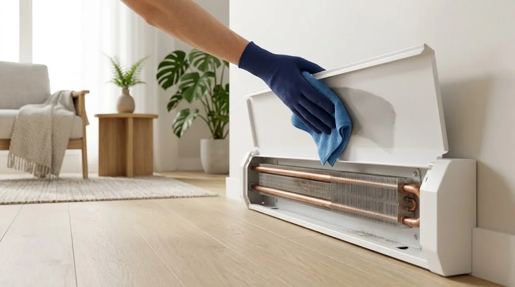 Hand wiping a hydronic baseboard heater cover with a microfiber cloth, copper pipe and fins visible