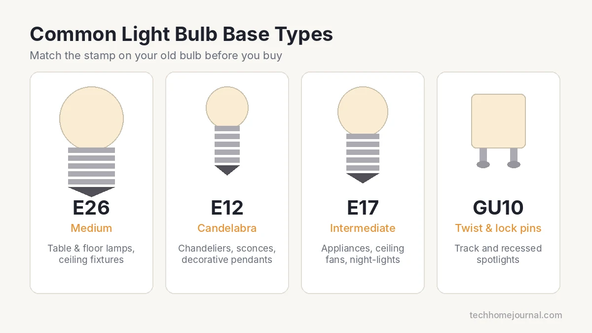 Illustration of E26, E12, E17 and GU10 light bulb base types and where each is used