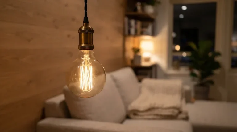 Glowing vintage incandescent light bulb with a warm amber filament hanging in a cozy Scandinavian living room