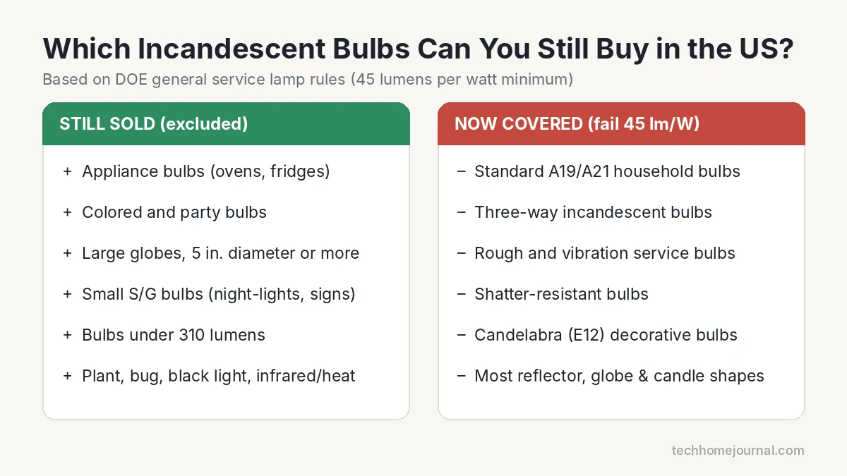 Comparison of incandescent light bulb types still sold in the US versus types now covered by the DOE 45 lumens per watt rule