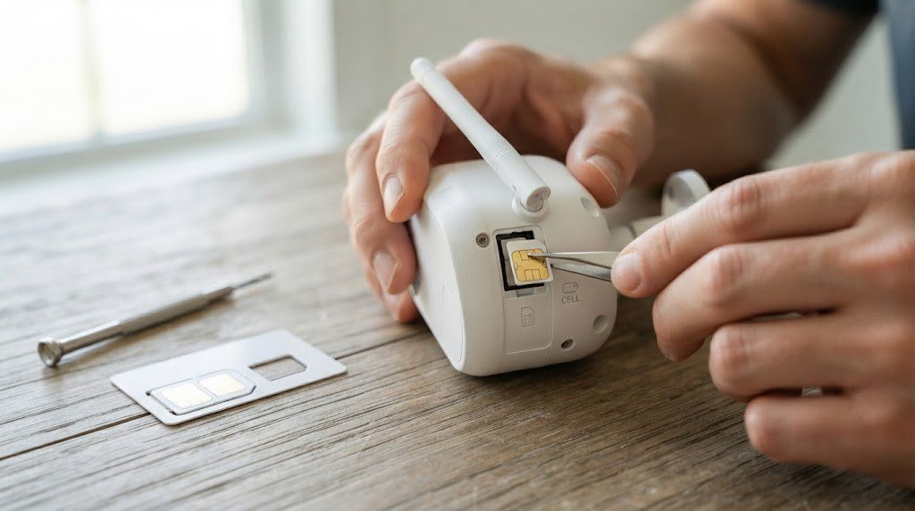 Inserting a SIM card into a cellular security camera