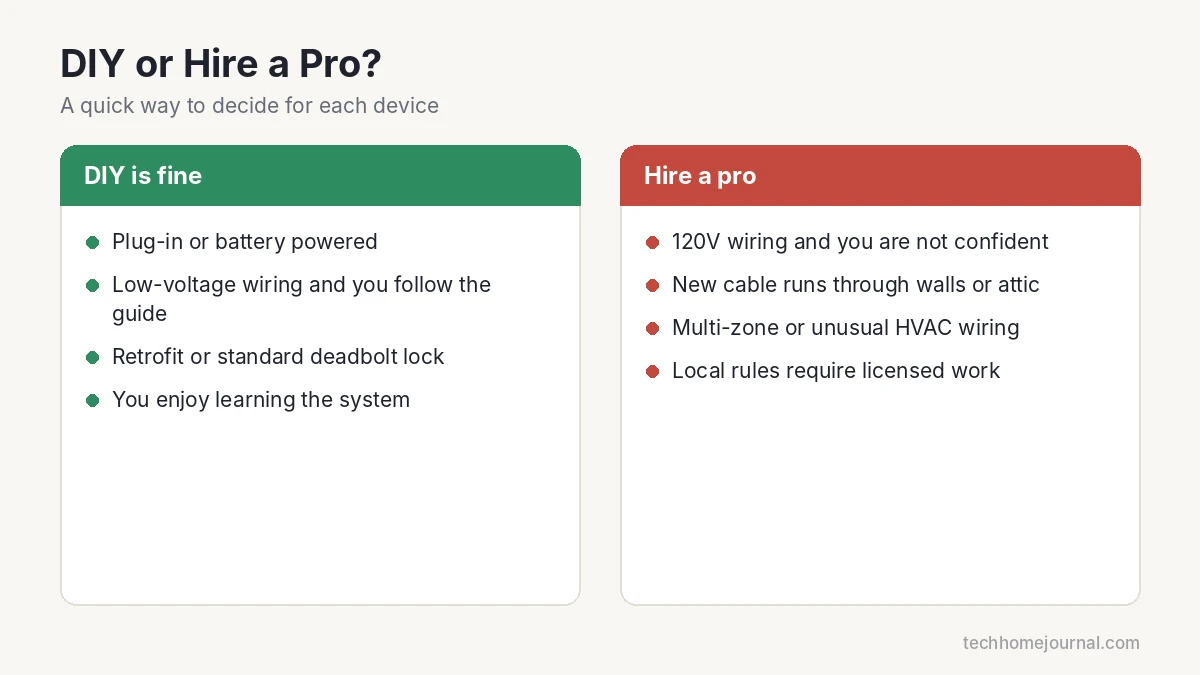 Checklist comparing when to install smart home devices yourself versus hiring a professional