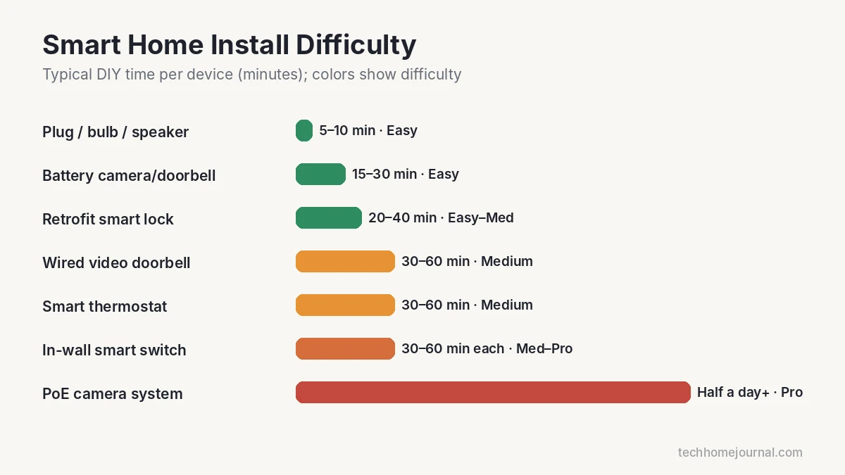 Chart of smart home device installation time and difficulty from smart plugs to PoE camera systems