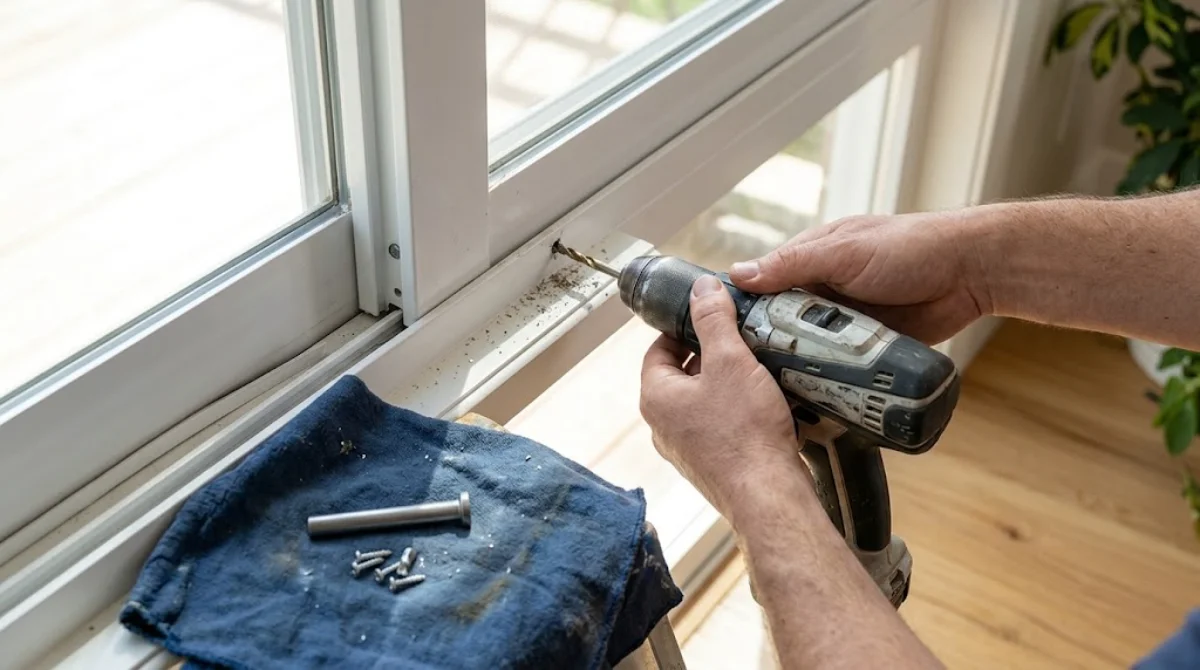 Hands drilling a hole in an aluminum sliding glass door frame to install an anti-lift security pin
