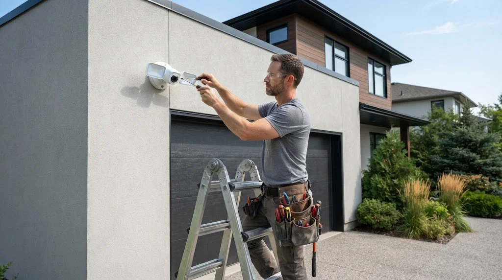Electrician installing a floodlight camera on an exterior wall above a garage door