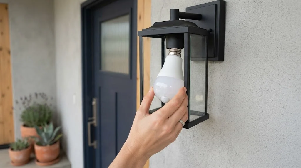 Hand screwing a motion sensor LED light bulb into an outdoor wall lantern beside a front door