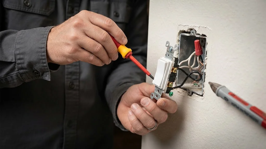 Hands wiring a new light switch into a wall electrical box with wire nuts and a voltage tester