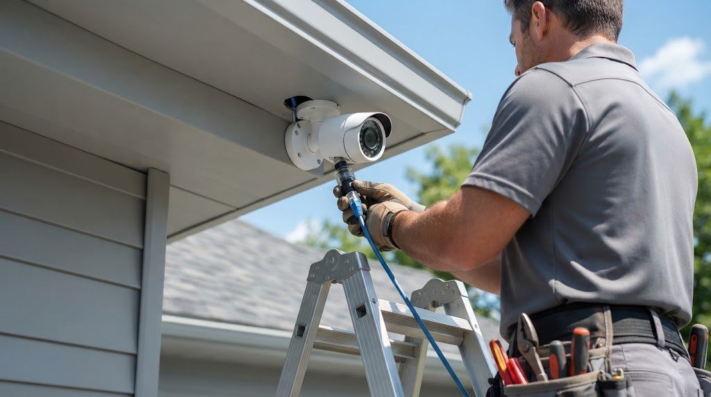 Installing a PoE security camera on a house soffit with a Cat6 ethernet cable
