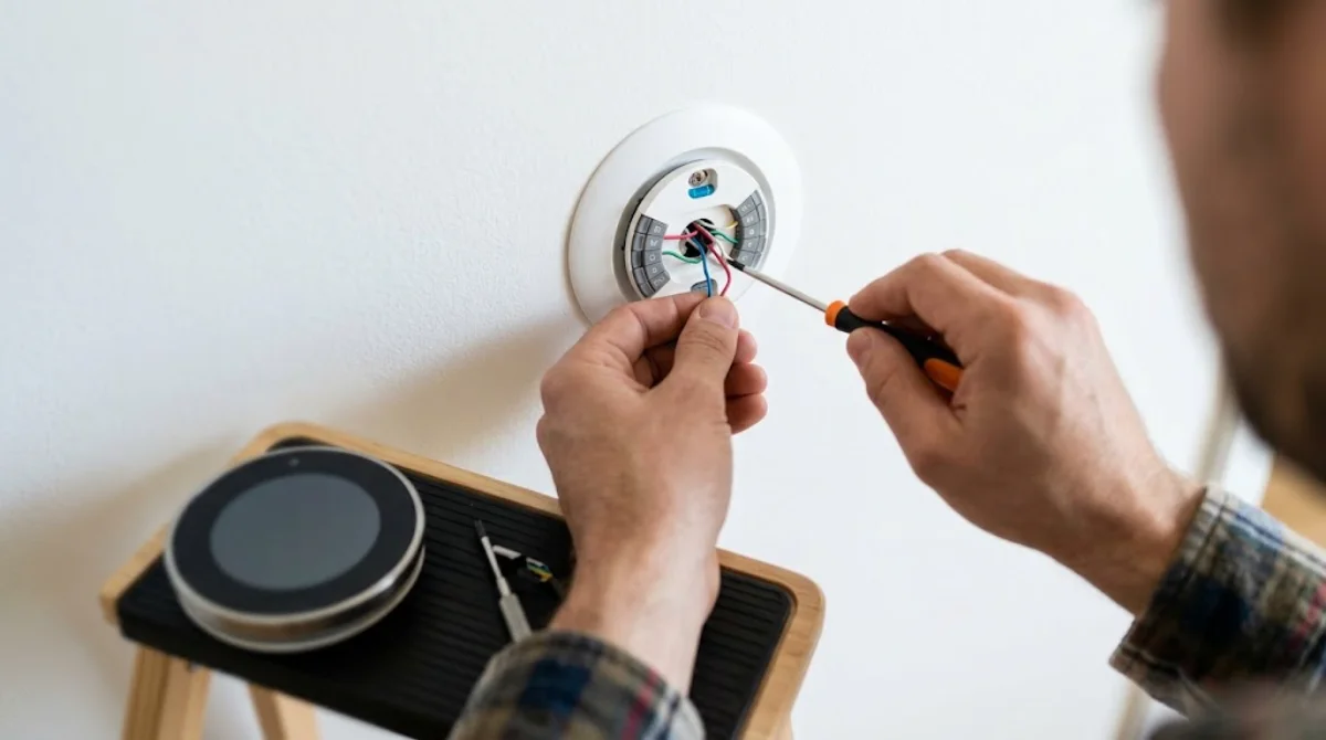 Hands connecting HVAC wires to a smart thermostat base plate with a screwdriver