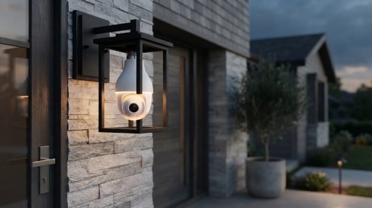 Light bulb security camera installed in an outdoor porch light fixture beside a front door at dusk