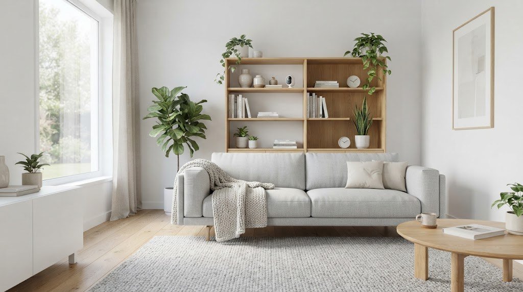 Discreet security camera on a bookshelf in a Scandinavian living room