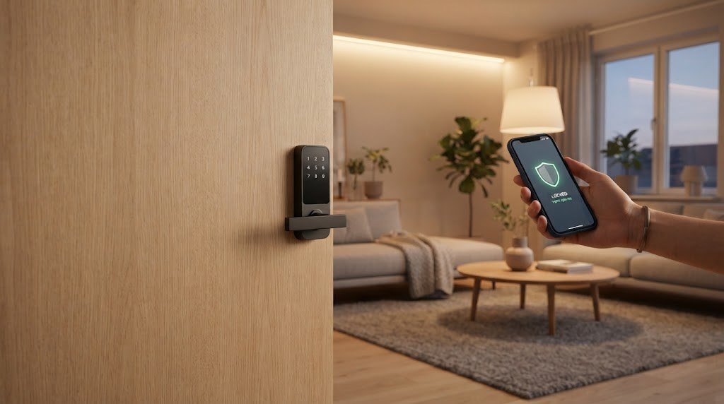 Smart lock on a front door opening into a Scandinavian living room with a security app