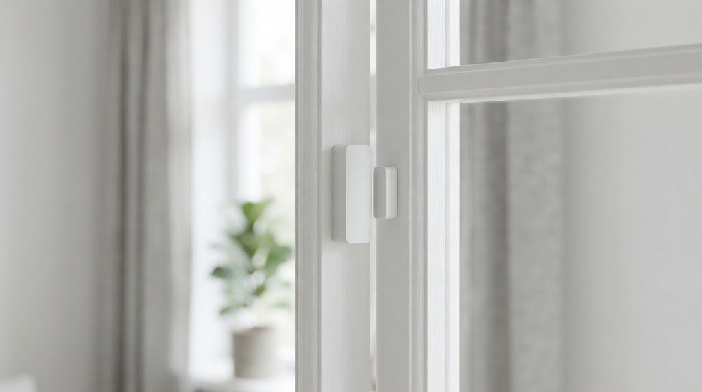 Window contact sensor on a living room window frame