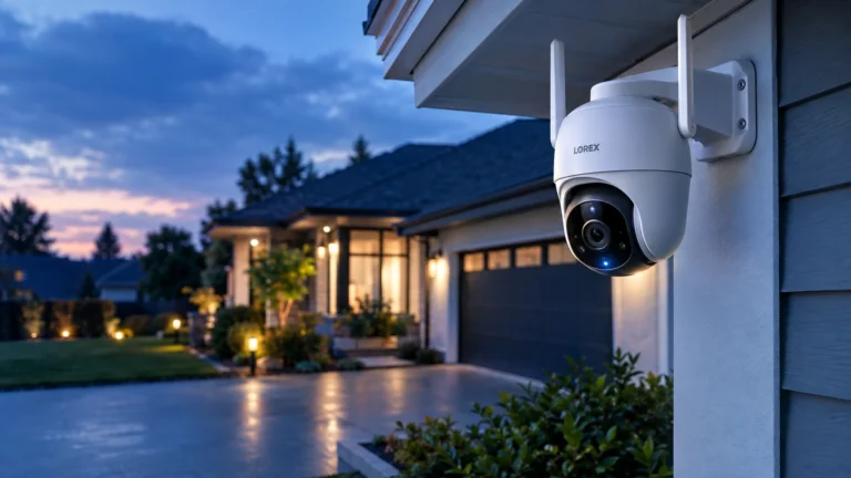 Lorex 2K pan tilt outdoor WiFi security camera mounted on a house wall