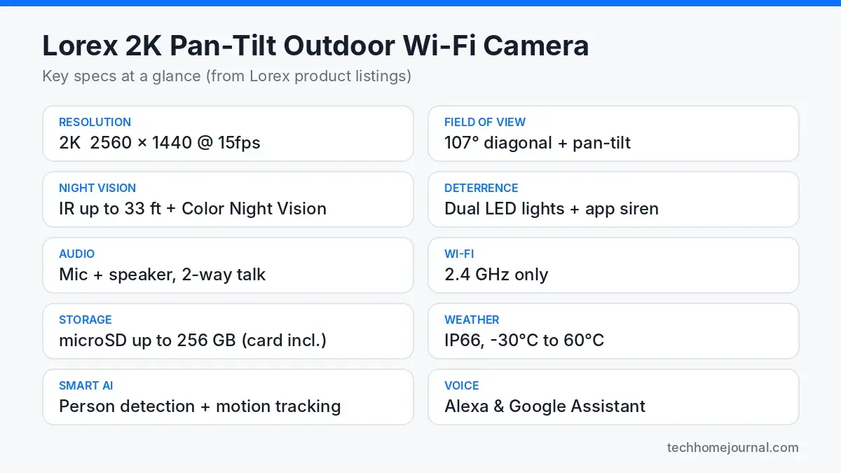 Lorex 2K pan tilt outdoor WiFi camera specs infographic: 2560x1440 resolution, 107 degree view, IP66, microSD up to 256GB