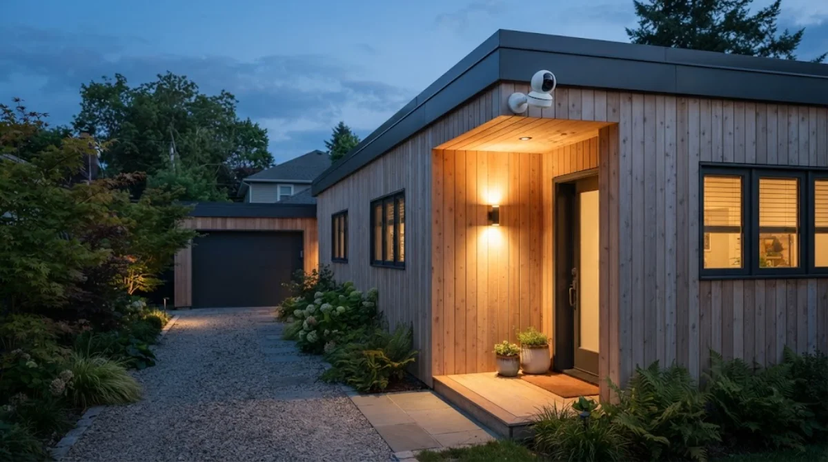Outdoor pan tilt WiFi security camera mounted on the corner of a Scandinavian-style wooden house, overlooking the driveway at dusk
