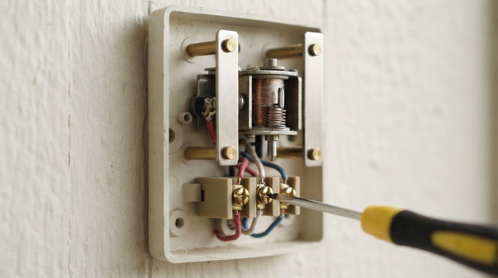 Inside a mechanical doorbell chime with tone bars and wiring terminals