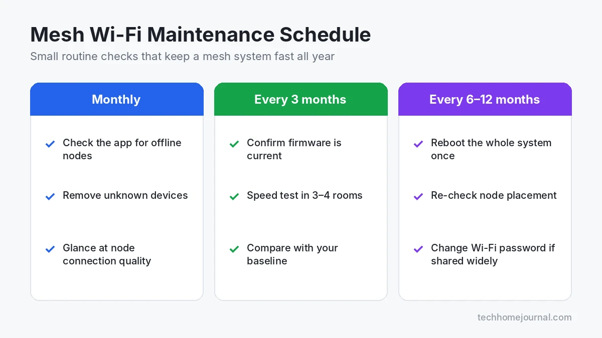Mesh Wi-Fi maintenance tips schedule showing monthly, quarterly and yearly checks for a home mesh network