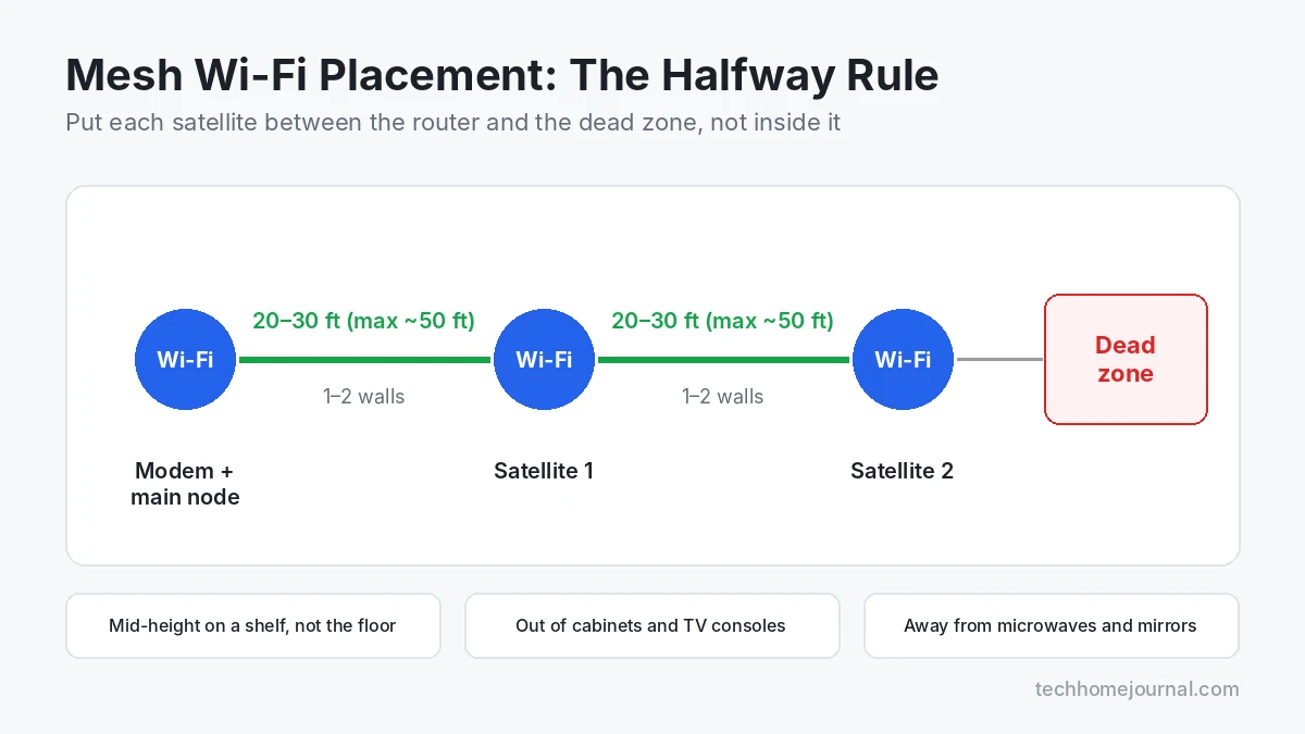 Mesh Wi-Fi placement diagram showing satellites spaced 20 to 30 feet apart, halfway between the main router and the dead zone