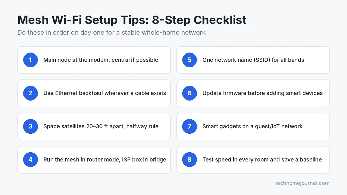 Mesh Wi-Fi setup tips checklist with eight steps including Ethernet backhaul, node spacing, bridge mode and firmware updates