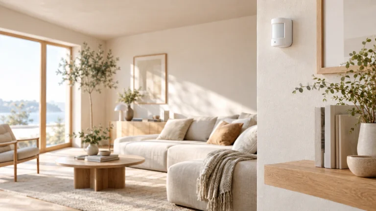 Discreet white motion sensor alarm on a living room wall in a bright minimal home