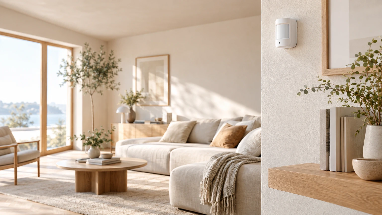 Discreet white motion sensor alarm on a living room wall in a bright minimal home