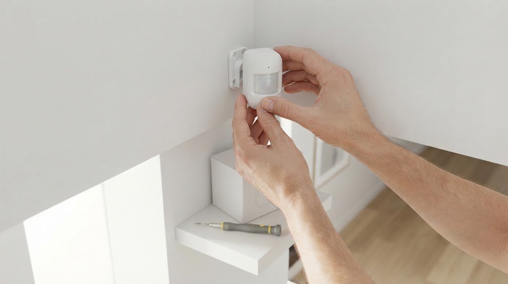 Homeowner mounting a wireless motion sensor alarm in a room corner