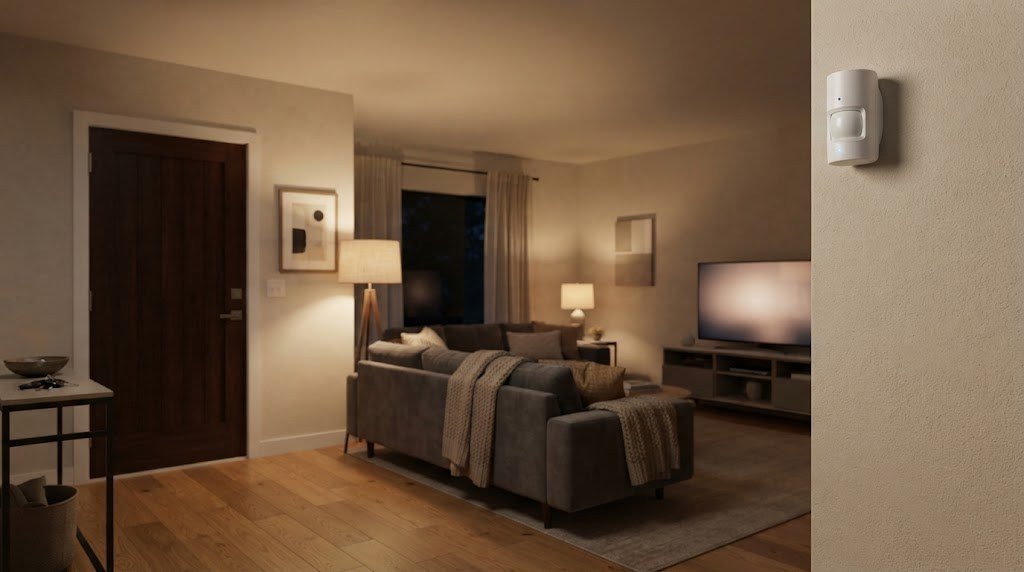 Wireless motion sensor alarm mounted in the corner of a modern living room