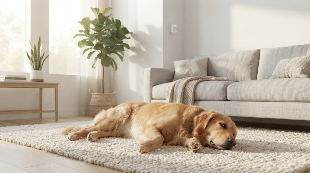 Dog resting on a living room rug in a home protected by a pet friendly motion sensor alarm