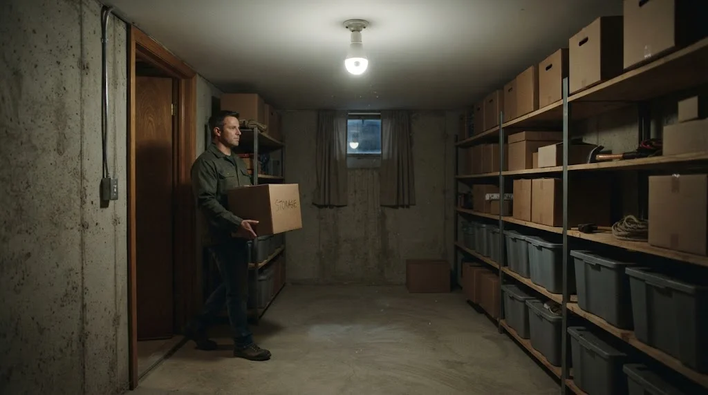 Basement storage room lit by a motion sensor light bulb that switched on as a person walked in