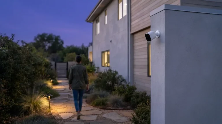 Outdoor motion sensor security camera on the corner of a house watching a person walk along a backyard path at dusk