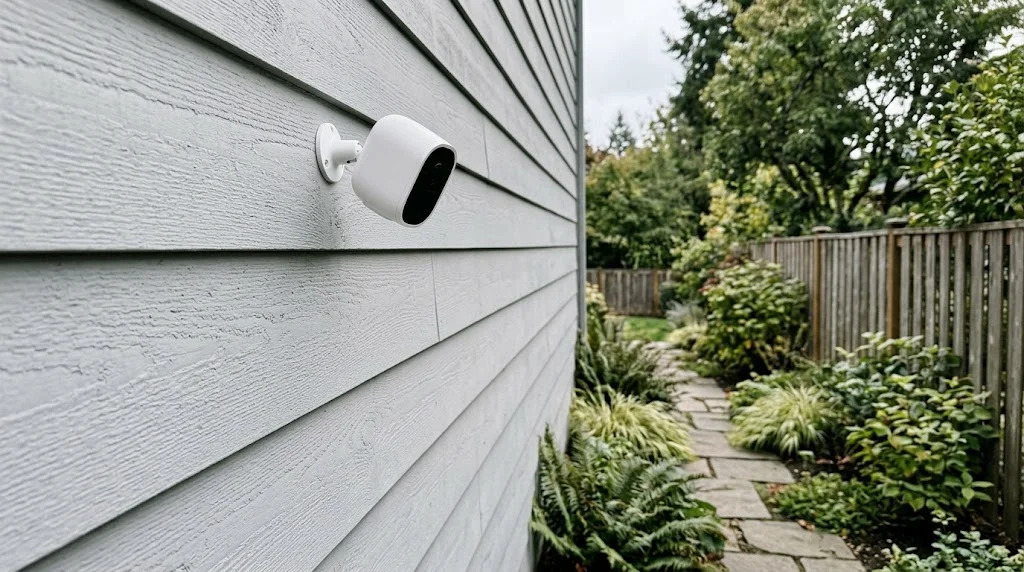 White wireless motion sensor camera mounted on a house wall, angled across a garden path